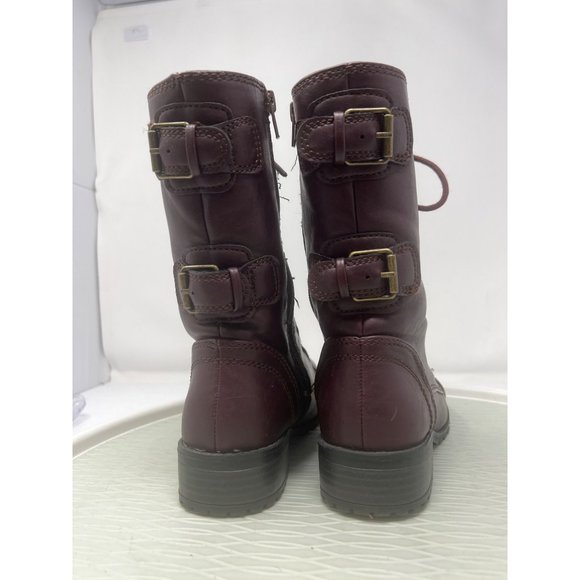 Soda Lace Up Combat Motorcycle Riding Boots Women 5 Buckle Burgundy Red Military - Picture 3 of 8